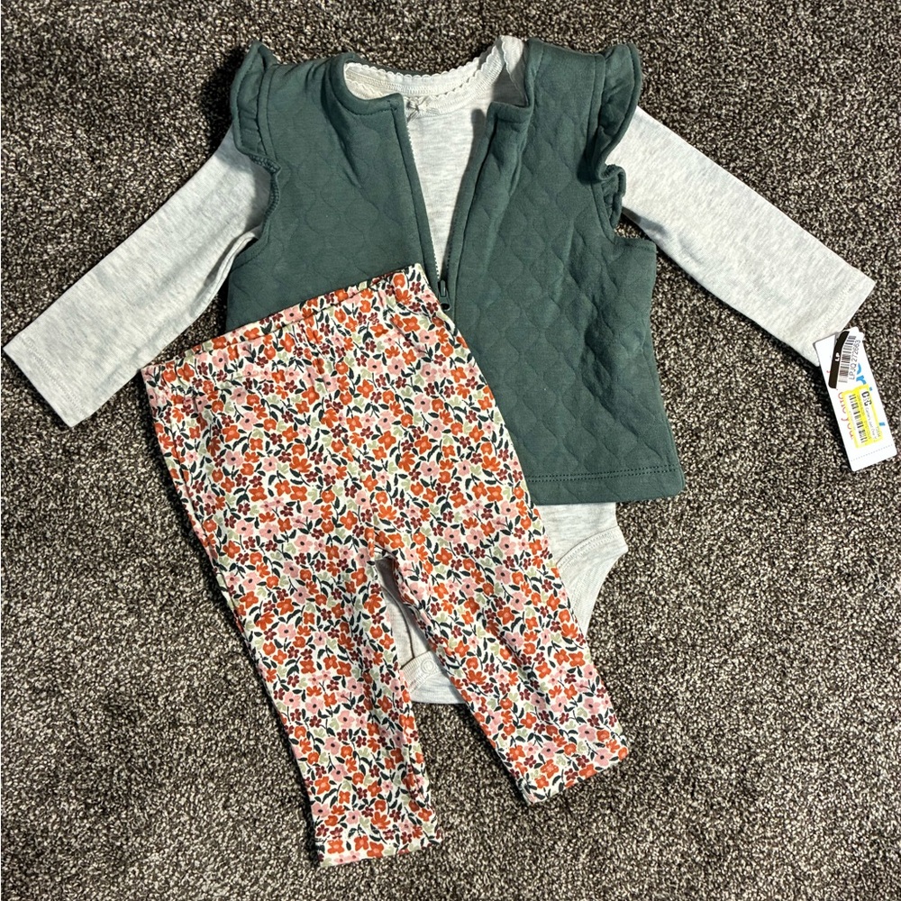 Carter's Girls Green Vest, Onesie & Floral Leggings